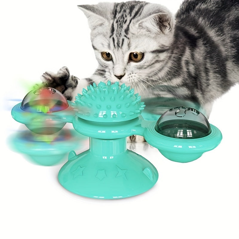 Cute Rotating Interactive Cat Toy: Indoor Windmill Cat Toy With Suction Cup Catnip & Jagged Teeth Middle Ball