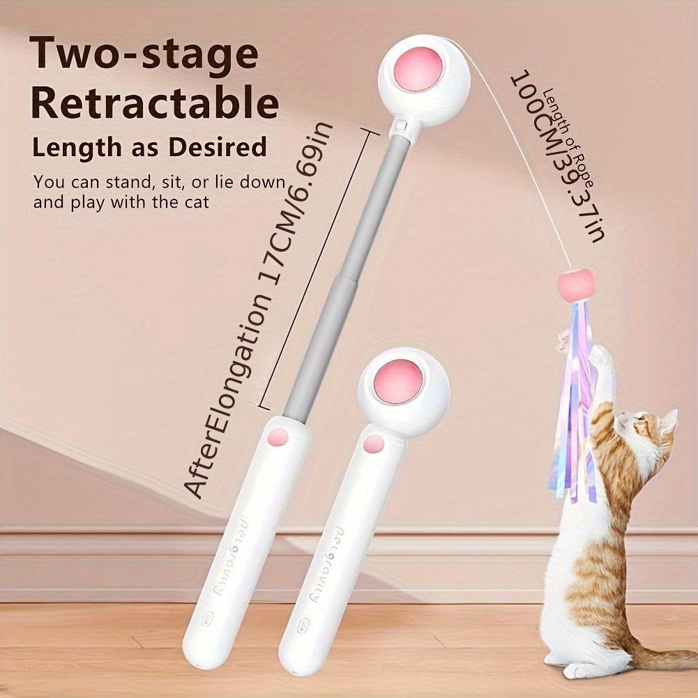 Cat Teaser Stick, Retractable Cat Wand With Replacement Head and Feather Toy