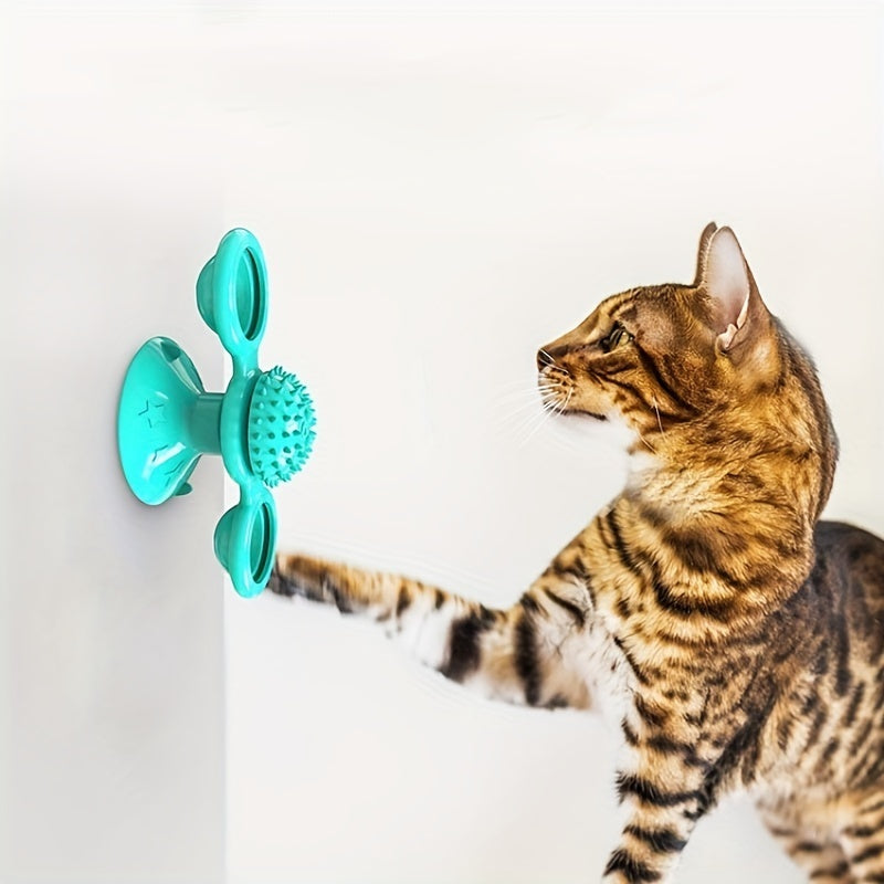 Cute Rotating Interactive Cat Toy: Indoor Windmill Cat Toy With Suction Cup Catnip & Jagged Teeth Middle Ball