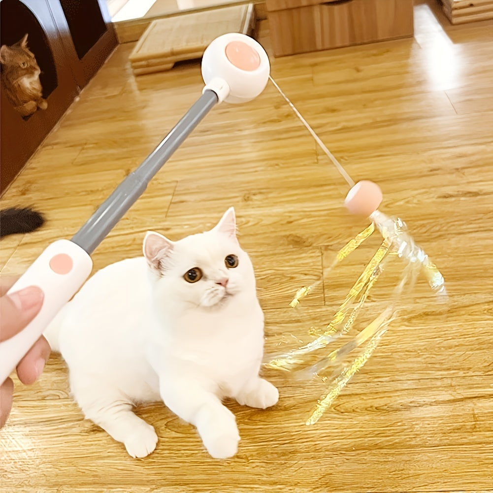 Cat Teaser Stick, Retractable Cat Wand With Replacement Head and Feather Toy