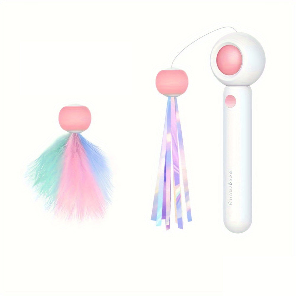Cat Teaser Stick, Retractable Cat Wand With Replacement Head and Feather Toy
