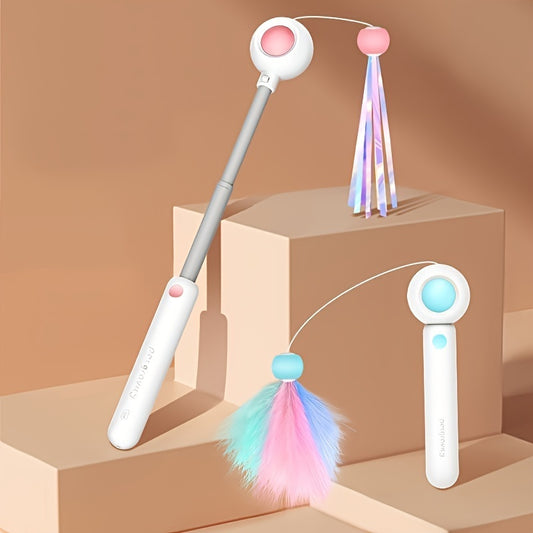 Cat Teaser Stick, Retractable Cat Wand With Replacement Head and Feather Toy