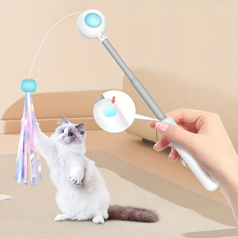Cat Teaser Stick, Retractable Cat Wand With Replacement Head and Feather Toy