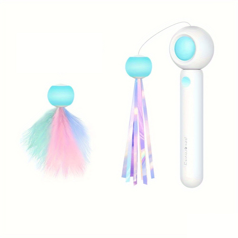 Cat Teaser Stick, Retractable Cat Wand With Replacement Head and Feather Toy
